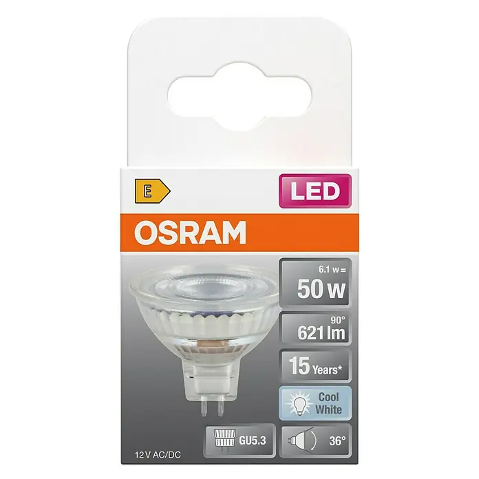 Osram LED-Lampe - GU5,3, Nicht Dimmbar, Kaltweiß, 621 lm, 6,1 W - Produktbild einer OSRAM LED Lampe, 6.1W, 50W Equivalent, 621 Lumen, Cool White Licht, GU5.3 Sockel, 36° Abstrahlwinkel, 15 Jahre Lebensdauer.