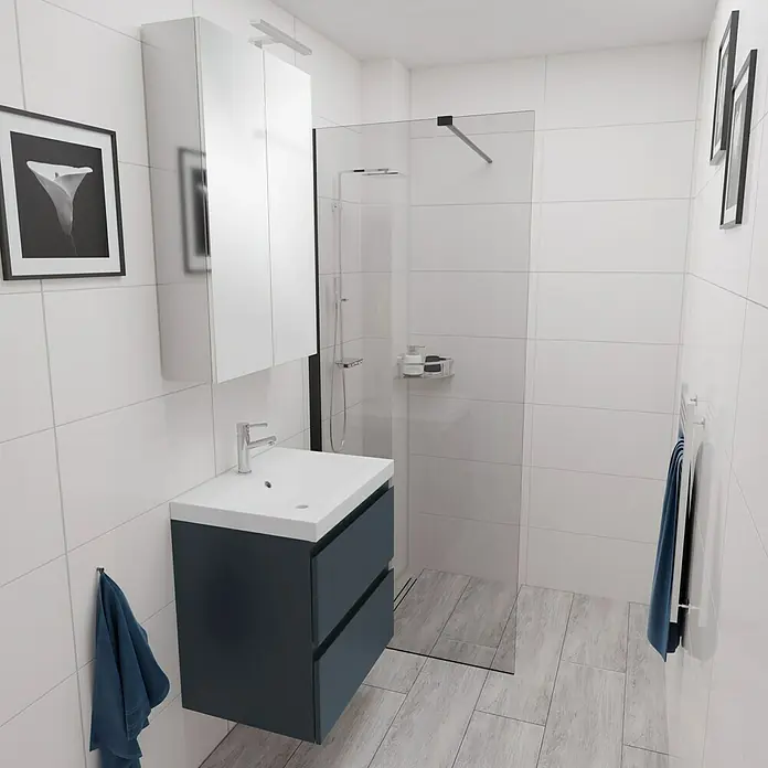 Camargue Espacio Badmöbel-Set E33 - 60 cm, Gama anthrazit matt - Badezimmer mit Waschbeckenunterschrank in Dunkelblau, Waschbecken, Spiegelschrank und Dusche mit Glaswand für ein modernes Ambiente.