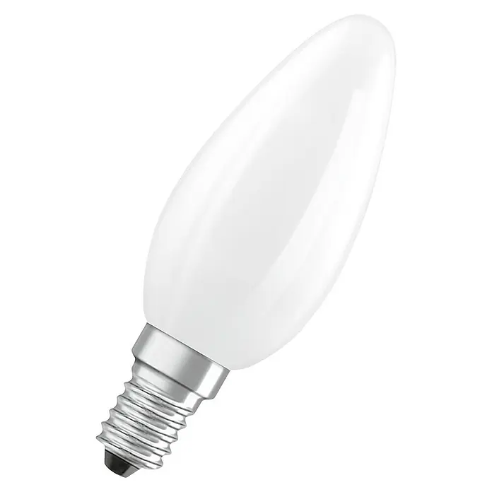 Osram Bombilla LED -  - Primer plano de una bombilla LED mate de vela con base E14, ideal para iluminación decorativa y ambiente acogedor.