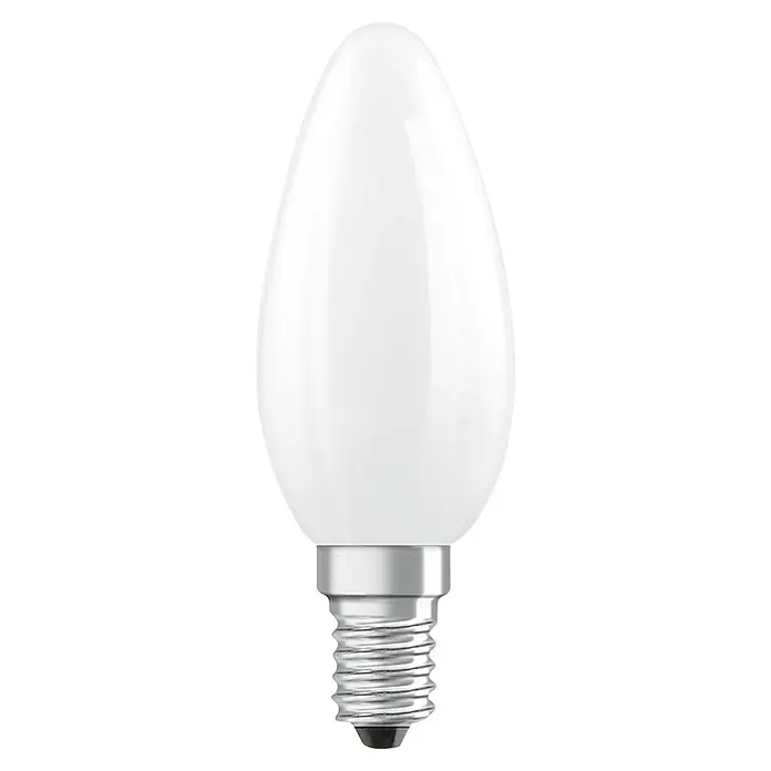 Osram Bombilla LED -  - Primer plano de una bombilla LED mate con forma de vela, base de rosca E14 y base plateada sobre fondo negro.