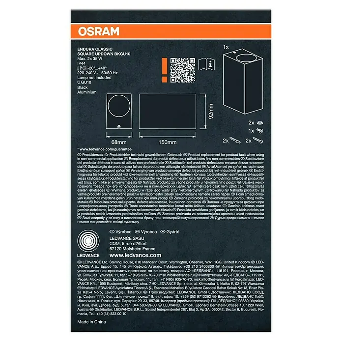 Ledvance Außenwandleuchte Endura Square - 35 W, 6,8 x 15 x 9,2 cm, Schwarz, IP44 - OSRAM Endura Classic Square Updown BKGU10 Wandleuchte, 2x35W, IP44, Aluminium, schwarz für den Aussenbereich.