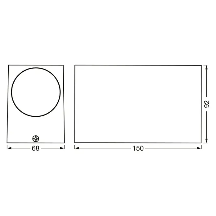 Ledvance Außenwandleuchte Endura Square - 35 W, 6,8 x 15 x 9,2 cm, Schwarz, IP44 - Abbildung eines rechteckigen LED-Spots mit den Maßen 68x92 mm (Vorderseite) und 150x92 mm (Seite).