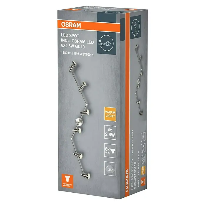 Osram LED-Deckenstrahler - 15,6 W, L x B x H: 1.190 x 80 x 170 mm, Nickel matt, Warmweiß, 6 Stk. - Produktverpackung: Osram LED Spot mit 6x2.6W GU10 Leuchtmittel, inklusive Osram LED, 1380 lm, 15.6 W, 2700 K für Innenräume.