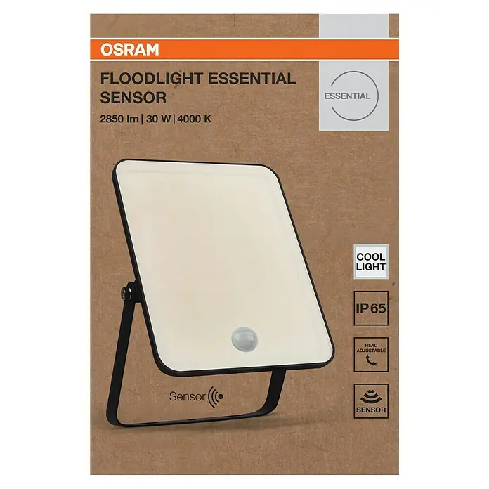 Osram LED-Strahler Floodlight Essential Sensor - 30 W, L x B x H: 18,6 x 12,8 x 3,3 cm, Schwarz, Tageslichtweiß, Mit Sensor - Abbildung einer OSRAM Floodlight Essential Sensor-Leuchte mit 2850 lm, 30 W und 4000 K.