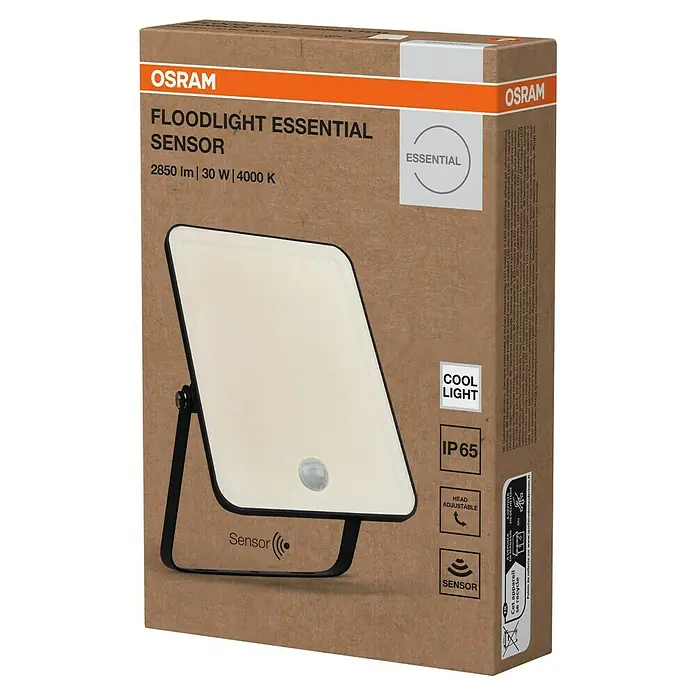 Osram LED-Strahler Floodlight Essential Sensor - 30 W, L x B x H: 18,6 x 12,8 x 3,3 cm, Schwarz, Tageslichtweiß, Mit Sensor - Verpackung des OSRAM Floodlight Essential Sensor, einer 30W LED-Flutlichtleuchte mit 2850 Lumen und Bewegungssensor.