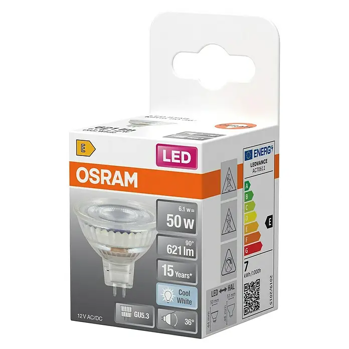 Osram LED-Lampe - GU5,3, Nicht Dimmbar, Kaltweiß, 621 lm, 6,1 W - LED-Lampe von Osram mit 50W Leistung, Sockel GU5.3, 15 Jahre Lebensdauer und Energieeffizienzklasse E, ideal für den Einsatz im Wohnbereich.
