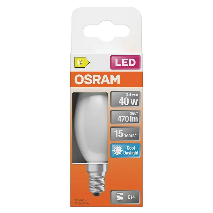 Osram Bombilla LED -  - Imagen de una bombilla LED Osram de clase energética D con casquillo E14, 40W, 470 lm y una vida útil de 15 años.