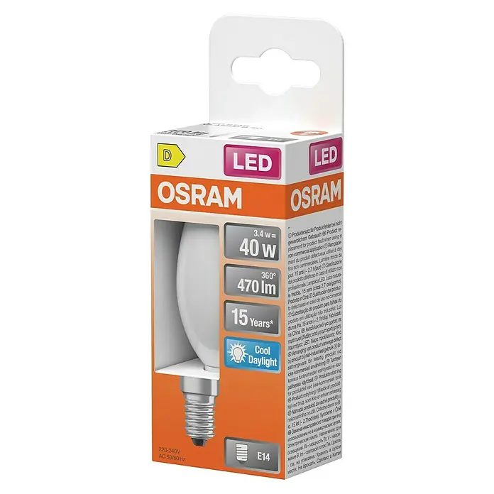 Osram Bombilla LED -  - Lámpara LED Osram con base E14, 3,4W equivalente a 40W, 470 lúmenes, 15 años de vida útil y luz de día fría para una iluminación agradable.