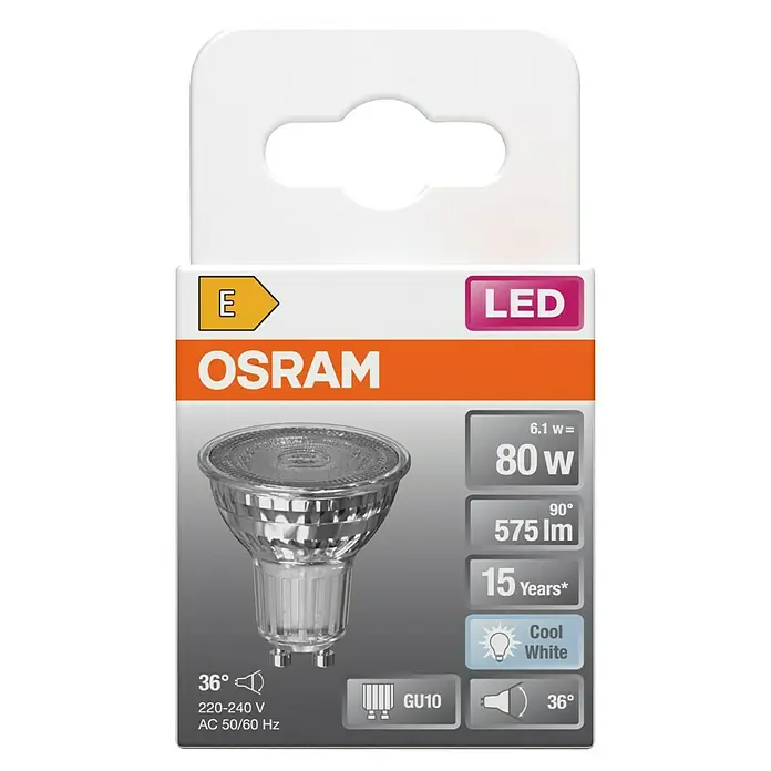 Osram Bombilla LED -  - Imagen de una lámpara LED OSRAM, base GU10, potencia de 80W, luz blanca fría, larga vida útil y clase de eficiencia energética E.