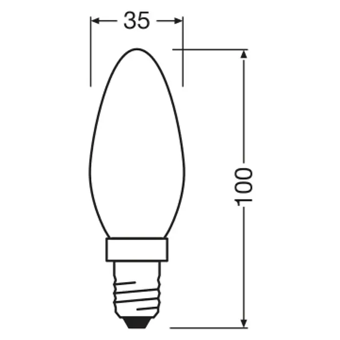 Osram Bombilla LED -  - Diagrama de una bombilla de vela E14 con dimensiones: 35 mm de diámetro y 100 mm de altura, ideal para documentación técnica.