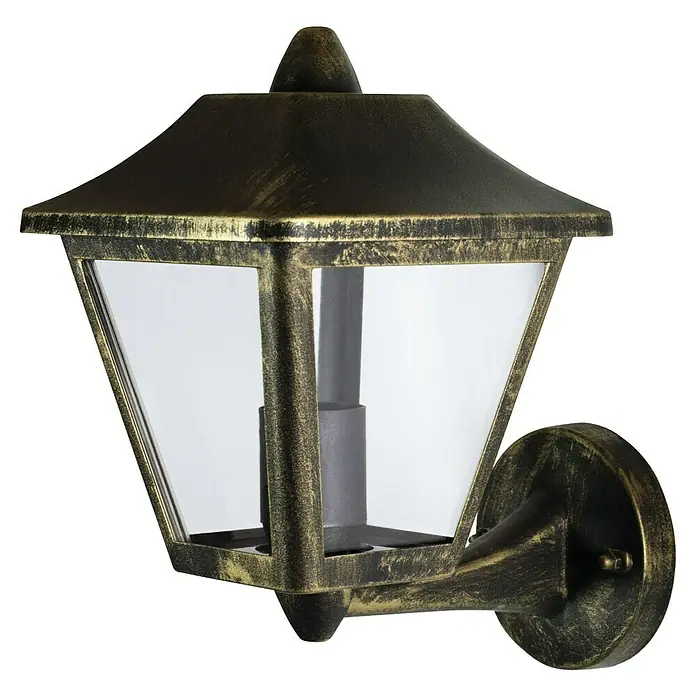 Osram Endura Classic Außenwandleuchte Tradition Up - Stehend, 23 x 17 x 26 cm, Schwarz/Gold, IP44 - Nahaufnahme einer Wandleuchte mit antikem Goldfinish und klaren Glasscheiben, die ein warmes Licht ausstrahlt.