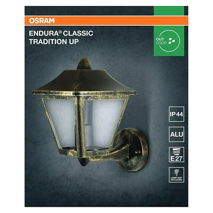 Osram Endura Classic Außenwandleuchte Tradition Up - Stehend, 23 x 17 x 26 cm, Schwarz/Gold, IP44 - OSRAM Endura Classic Tradition UP Außenleuchte im Antik-Design. Eine stilvolle und robuste Beleuchtung für den Außenbereich.