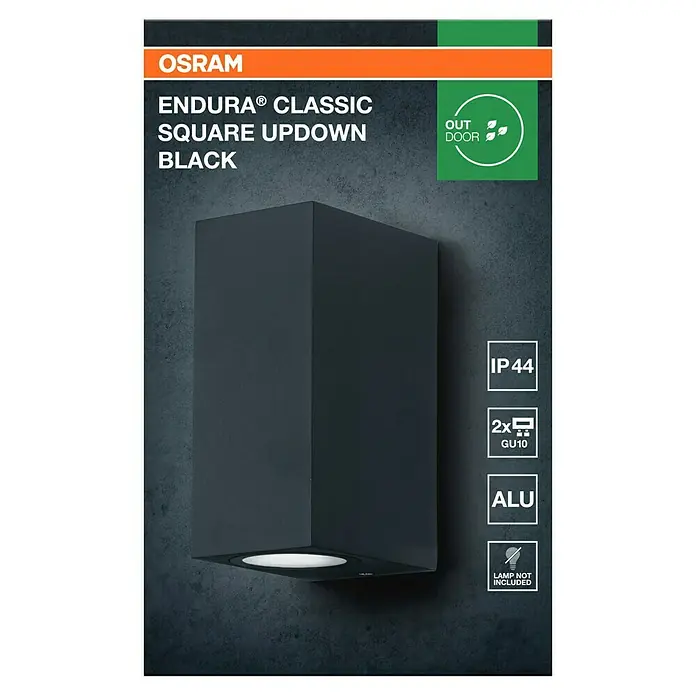 Ledvance Außenwandleuchte Endura Square - 35 W, 6,8 x 15 x 9,2 cm, Schwarz, IP44 - Abbildung einer schwarzen OSRAM ENDURA® CLASSIC SQUARE UP/DOWN Außenleuchte für stimmungsvolle Fassadenbeleuchtung.