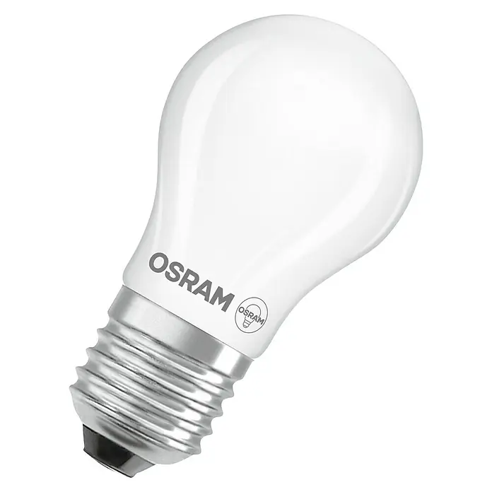 Osram LED-Lampe - E27, Nicht Dimmbar, Warmweiß, 136 lm, 1 W - Nahaufnahme einer Osram LED-Lampe mit mattweißer Oberfläche und silbrigem Schraubsockel vor schwarzem Hintergrund.