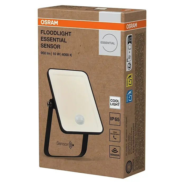 Osram LED-Strahler Floodlight Essential Sensor - 10 W, L x B x H: 13,2 x 8,3 x 3,3 cm, Schwarz, Tageslichtweiß, Mit Sensor - Verpackung einer OSRAM Floodlight Essential Sensor Außenleuchte mit 950 lm, 10 W und 4000 K, die für Sicherheit und Beleuchtung im Außenbereich sorgt.