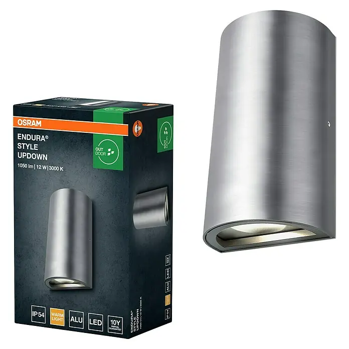 Ledvance Aplique exterior LED Endura UpDown - 11,5 W, 5,5 x 9 x 16 cm, Antracita, IP44 - Imagen de una lámpara de exterior Osram Endura Style UpDown en metal cepillado junto a su embalaje.