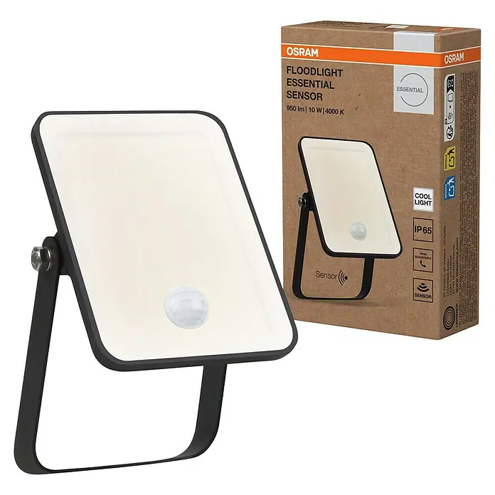 Osram LED-Strahler Floodlight Essential Sensor - 10 W, L x B x H: 13,2 x 8,3 x 3,3 cm, Schwarz, Tageslichtweiß, Mit Sensor - Osram Floodlight Essential Sensor mit 950 lm, 10 W und 4000 K, daneben die Verpackung, die die wesentlichen Merkmale zeigt.