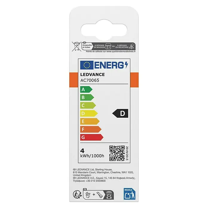 Osram Bombilla LED -  - Embalaje del producto LEDVANCE AC70065 que muestra la clase de eficiencia energética D, consumo de 4 kWh/1000h e información de eliminación.