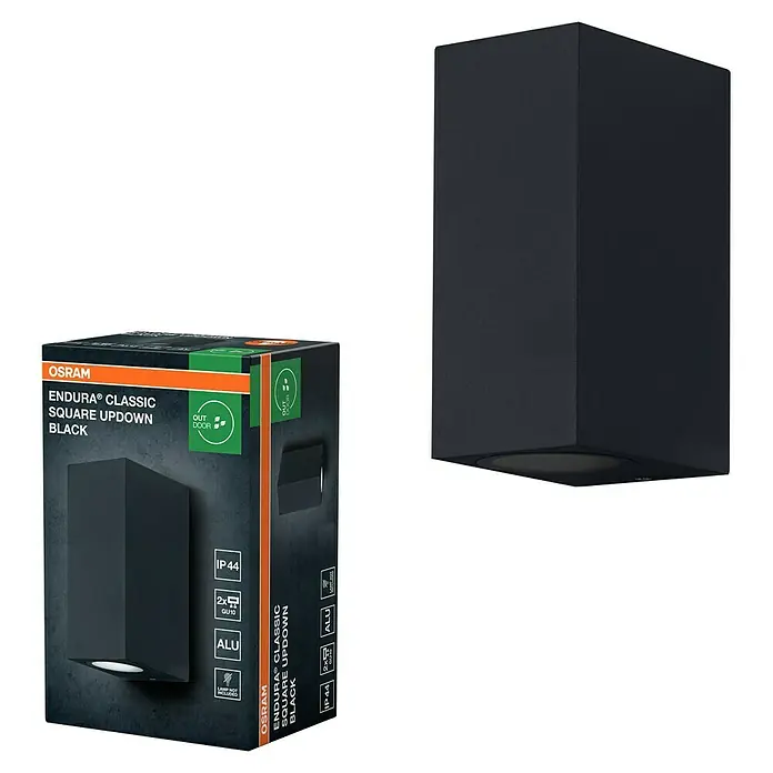 Ledvance Außenwandleuchte Endura Square - 35 W, 6,8 x 15 x 9,2 cm, Schwarz, IP44 - Produktaufnahme: Schwarze Osram Endura Classic Square Updown Außenleuchte mit Verpackung, die die Eigenschaften hervorhebt.