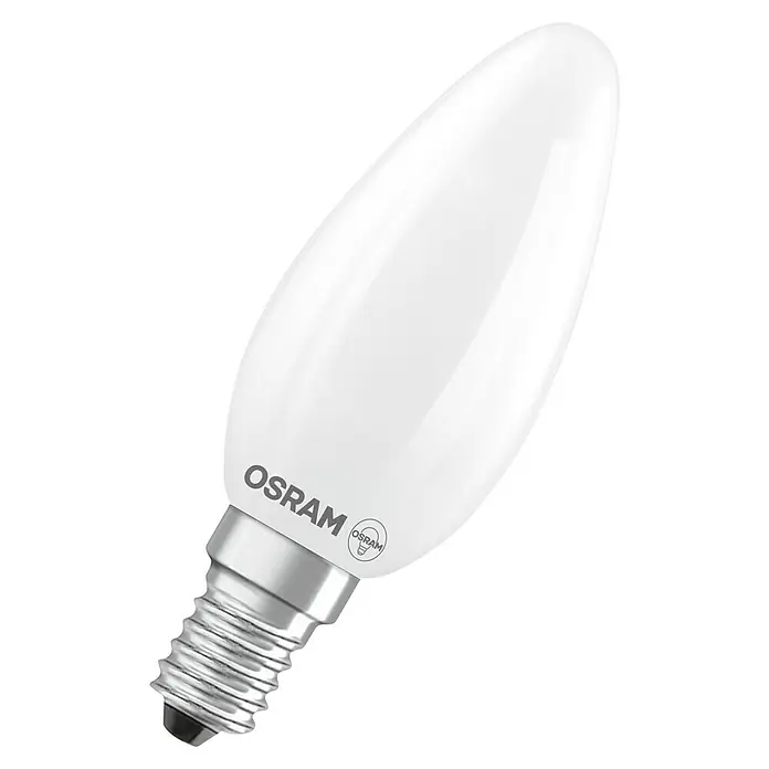 Osram Bombilla LED -  - Primer plano de una bombilla de vela mate Osram con base E14, que proporciona una luz cálida y difusa para un ambiente acogedor.