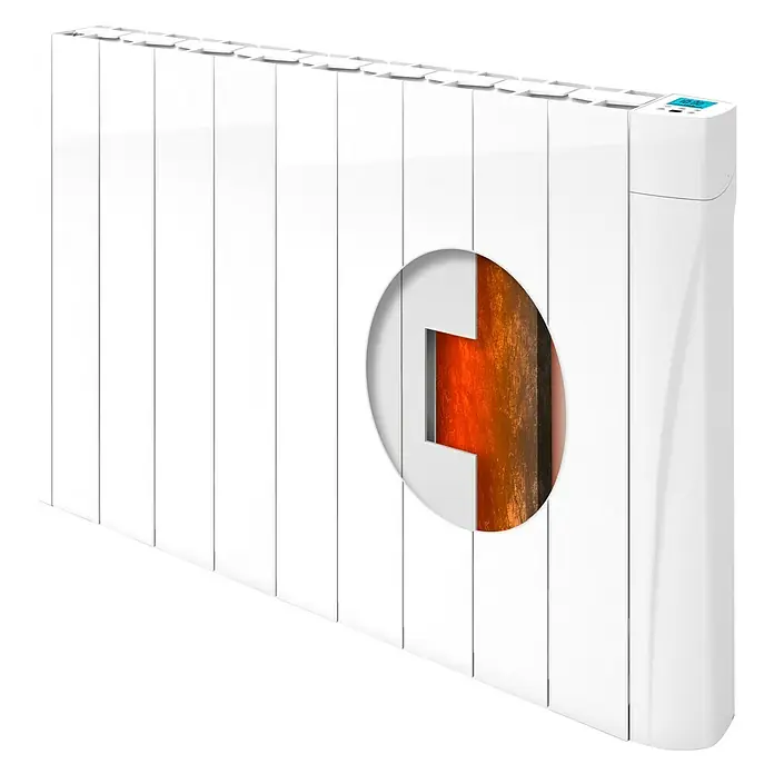 Voltomat HEATING Emisor térmico VOLTC - Potencia: 1.500 W, 9,8 x 82,7 x 57,5 cm, Cerámico - Un radiador eléctrico blanco con un corte que muestra el interior. El radiador tiene una pantalla digital en el panel lateral.