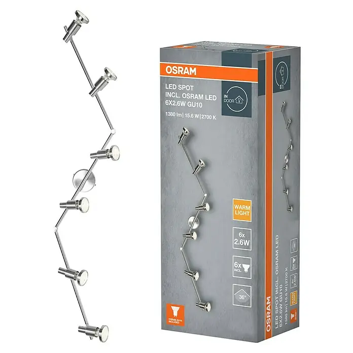 Osram LED-Deckenstrahler - 15,6 W, L x B x H: 1.190 x 80 x 170 mm, Nickel matt, Warmweiß, 6 Stk. - Eine OSRAM LED-Spotleuchte mit 6x2.6W GU10, die sich ideal für Innenräume eignet. Sie bietet 1380 Lumen und warmweißes Licht mit 2700K.