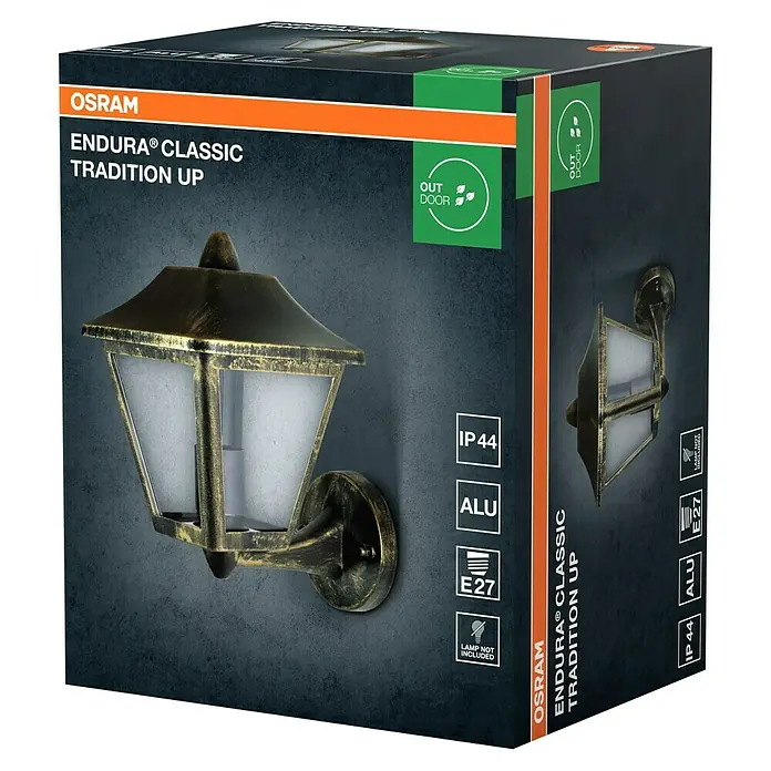 Osram Endura Classic Außenwandleuchte Tradition Up - Stehend, 23 x 17 x 26 cm, Schwarz/Gold, IP44 - Bild einer Osram Endura Classic Tradition Up Außenleuchte in einer Produktverpackung, die ihre Eigenschaften hervorhebt.