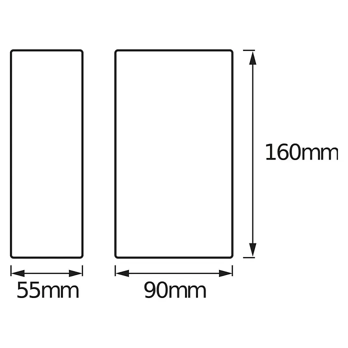 Ledvance LED-Außenwandleuchte Endura Style UpDown - 11,5 W, 5,5 x 9 x 16 cm, Edelstahl, IP44 - Technische Zeichnung einer Leuchte mit den Maßen 55mm x 160mm und 90mm x 160mm, zur Veranschaulichung der Produktabmessungen.