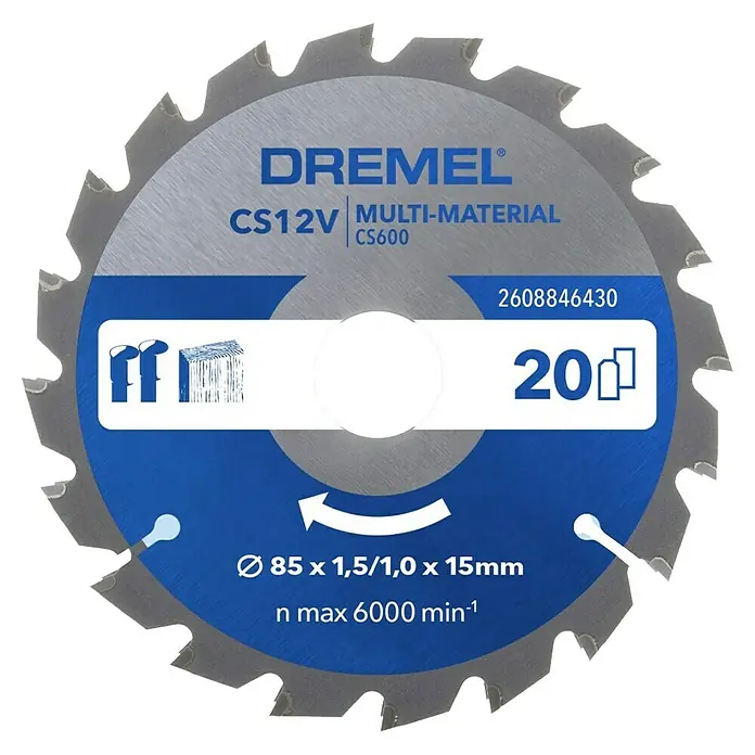 Dremel Kreissägeblatt Blueprint Multi-Material CS600 - Durchmesser Sägeblatt: 85 mm, Bohrung: 15 mm, Kunststoff - Dremel CS12V Multi-Material Sägeblatt CS600 mit 20 Zähnen, ideal für verschiedene Materialien und bis zu 6000 U/min.