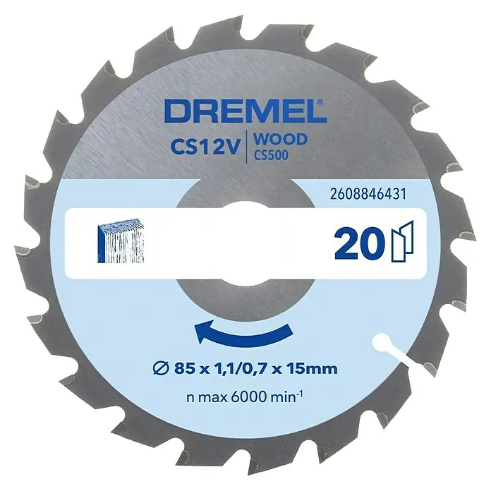 Dremel Kreissägeblatt Blueprint CS500 - Durchmesser Sägeblatt: 85 mm, Bohrung: 15 mm, Holz - Nahaufnahme eines Dremel CS12V CS500 Holzsägeblatts mit 85 mm Durchmesser und 20 Zähnen.