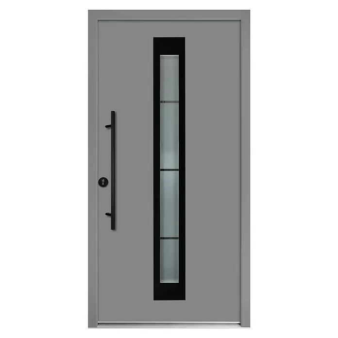 Splendoor Haustür Thermodoor PLUS SP45 Black Design - 110 x 210 cm, DIN Anschlag: Links, Verkehrsgrau/Tiefschwarz - Graue Haustür mit senkrechtem Glaseinsatz und schwarzem Türgriff, modernes und elegantes Design.