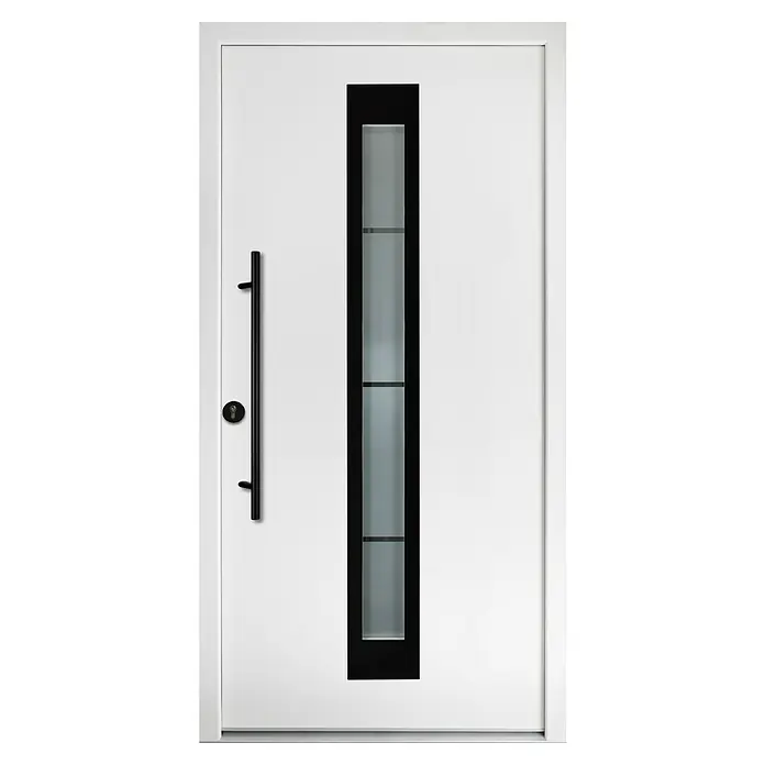 Splendoor Haustür Thermodoor PLUS SP45 Black Design - 110 x 210 cm, DIN Anschlag: Links, Verkehrsweiß/Tiefschwarz - Moderne, weiße Haustür mit einem schmalen, vertikalen Fensterbereich und einem langen, schwarzen Türgriff.