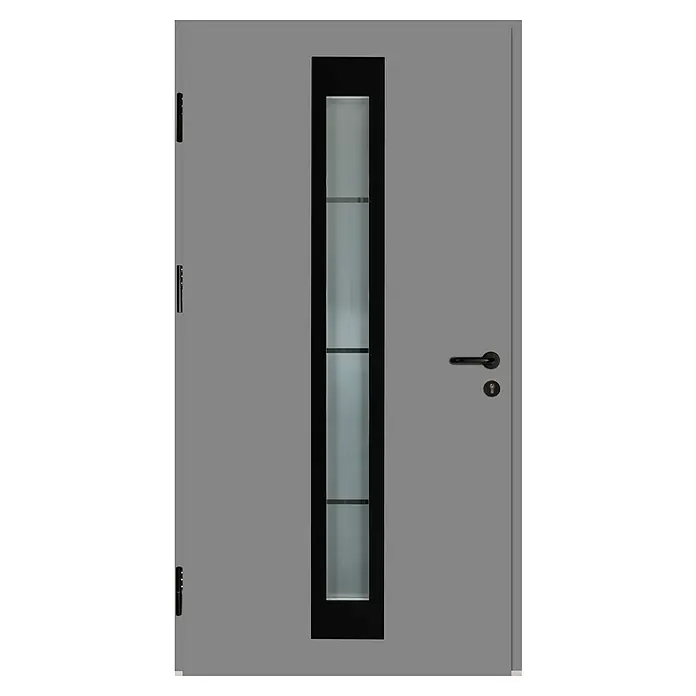 Splendoor Haustür Thermodoor PLUS SP45 Black Design - 110 x 210 cm, DIN Anschlag: Links, Verkehrsgrau/Tiefschwarz - Graue Tür mit schmalem, senkrechtem, mattiertem Glasfenster und schwarzem Rahmen, ergänzt durch einen schwarzen Türgriff.