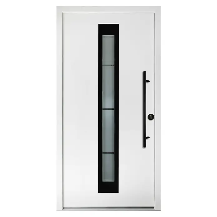 Splendoor Haustür Thermodoor PLUS SP45 Black Design - 100 x 210 cm, DIN Anschlag: Rechts, Verkehrsweiß/Tiefschwarz - Elegante, moderne Haustür in Weiß mit schlankem, schwarzem Glaseinsatz und einem langen, vertikalen Türgriff.
