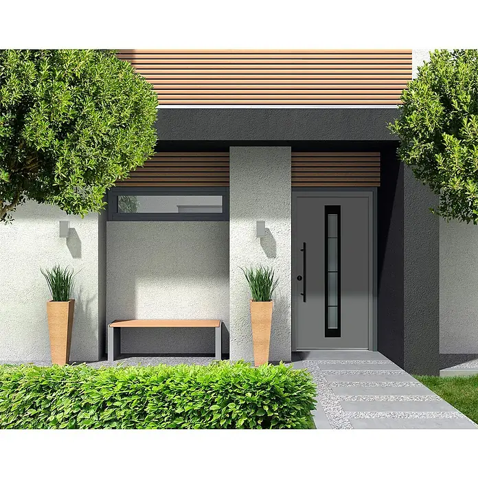 Splendoor Haustür Thermodoor PLUS SP45 Black Design - 110 x 210 cm, DIN Anschlag: Links, Verkehrsgrau/Tiefschwarz - Graue Haustür mit modernem Design und schlankem Fenster, eingebettet in eine stilvolle Fassade mit Holzelementen und üppigem Grün.