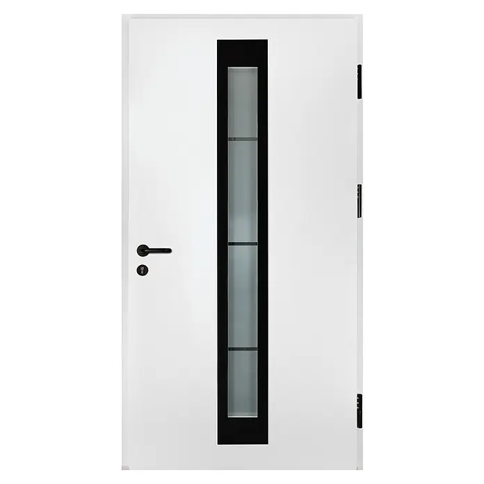 Splendoor Haustür Thermodoor PLUS SP45 Black Design - 100 x 210 cm, DIN Anschlag: Rechts, Verkehrsweiß/Tiefschwarz - Weiße Innentür mit schwarzem Rahmen und Glaseinsatz. Elegantes Design für moderne Wohnräume, bietet Privatsphäre und Lichtdurchlässigkeit.