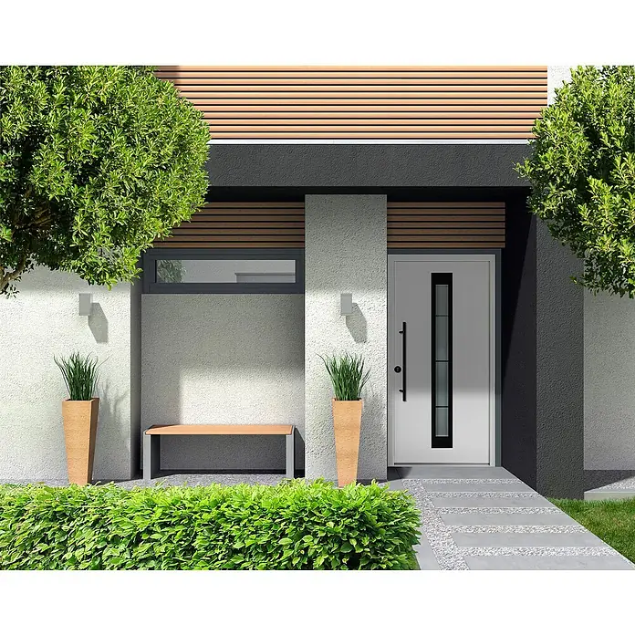 Splendoor Haustür Thermodoor PLUS SP45 Black Design - 110 x 210 cm, DIN Anschlag: Links, Verkehrsweiß/Tiefschwarz - Moderne Haustür mit schlankem, senkrechtem Glaseinsatz und langem, geradem Griff, eingebettet in eine stilvolle Fassade mit Holzdetails.