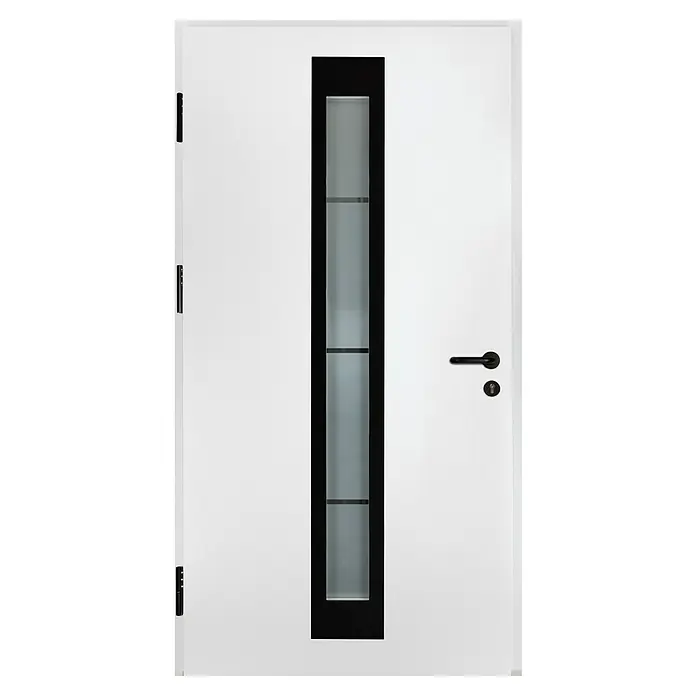 Splendoor Haustür Thermodoor PLUS SP45 Black Design - 110 x 210 cm, DIN Anschlag: Links, Verkehrsweiß/Tiefschwarz - Elegante, moderne Tür in Weiß mit einem schlanken, schwarzen Glaseinsatz. Der Türgriff ist ebenfalls in Schwarz gehalten.