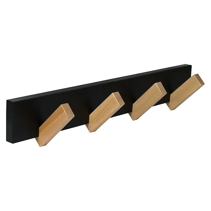 Nesu Perchero 9606 - L x An x Al: 40 x 75 x 6 cm, Madera, Negro/Haya - Perchero con cuatro ganchos de madera clara sobre un soporte de pared negro. Ideal para pasillos u oficinas para colgar chaquetas y accesorios.