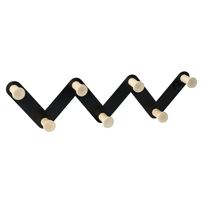 Nesu Perchero 9604 - Madera, Negro - Perchero extensible con diseño en zigzag negro y pomos de madera clara, ideal para el almacenamiento flexible de ropa.