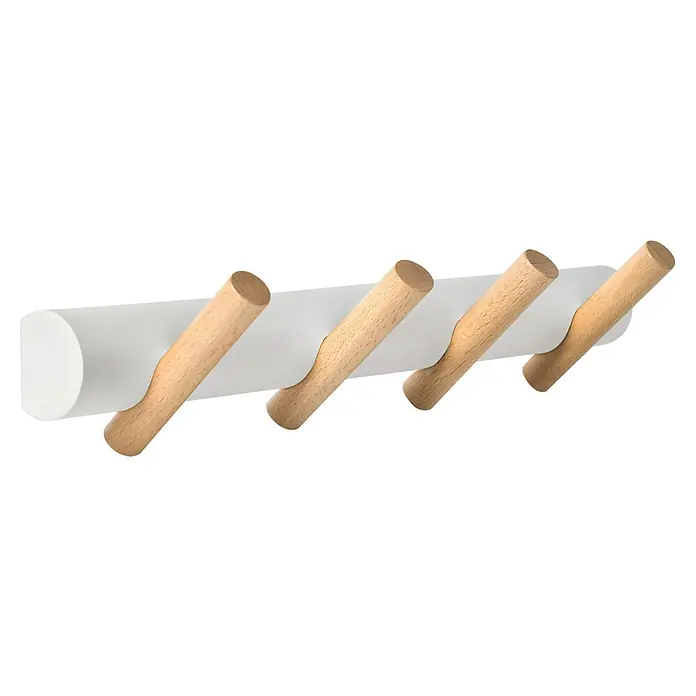 Perchero - Madera, Blanco/Haya - La imagen muestra un perchero de pared blanco con cuatro ganchos de madera alineados. Los ganchos son de color marrón claro.