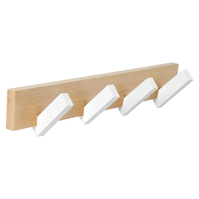 Nesu Perchero 9606 - L x An x Al: 40 x 75 x 6 cm, Madera, Haya/Blanco - Un perchero de madera con cuatro ganchos blancos para chaquetas y accesorios, ideal para la entrada.