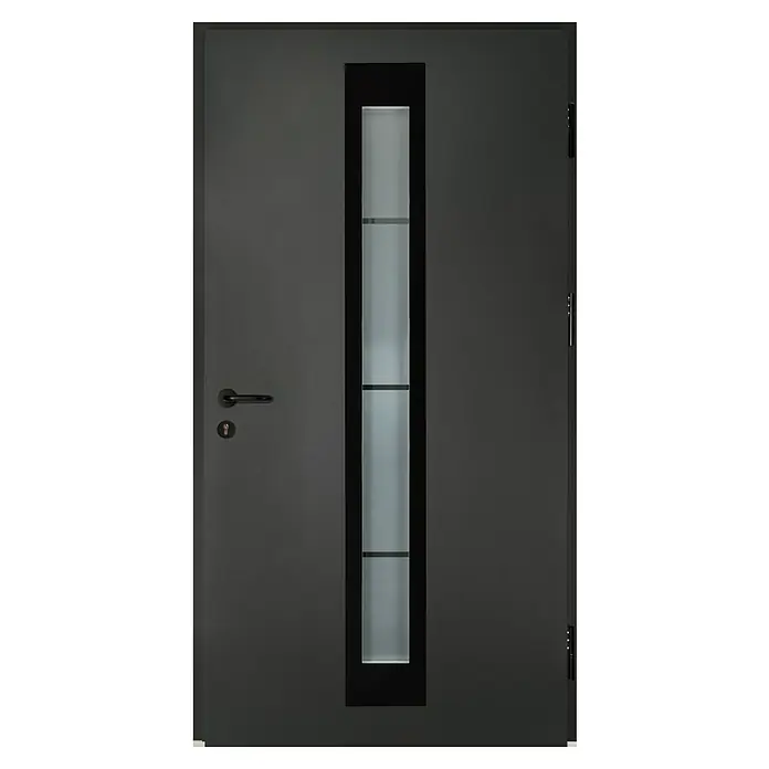 Splendoor Haustür Thermodoor PLUS SP45 Black Design - 110 x 210 cm, DIN Anschlag: Rechts, Anthrazitgrau Feinstruktur/Tiefschwarz - Elegante graue Tür mit vertikalem Glaseinsatz und schwarzem Rahmen. Stilvolles Design für moderne Innenräume.