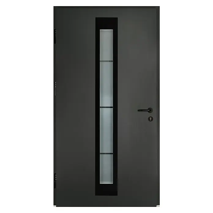 Splendoor Haustür Thermodoor PLUS SP45 Black Design - 110 x 210 cm, DIN Anschlag: Links, Anthrazitgrau Feinstruktur/Tiefschwarz - Elegante, graue Tür mit einem vertikalen Fenster in der Mitte, umgeben von einem schwarzen Rahmen, und einem modernen Türgriff.