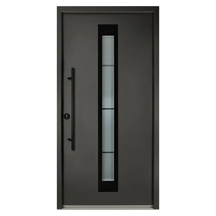 Splendoor Haustür Thermodoor PLUS SP45 Black Design - 110 x 210 cm, DIN Anschlag: Links, Anthrazitgrau Feinstruktur/Tiefschwarz - Graue Tür mit einem schlanken Fenster und einem langen, vertikalen Griff.