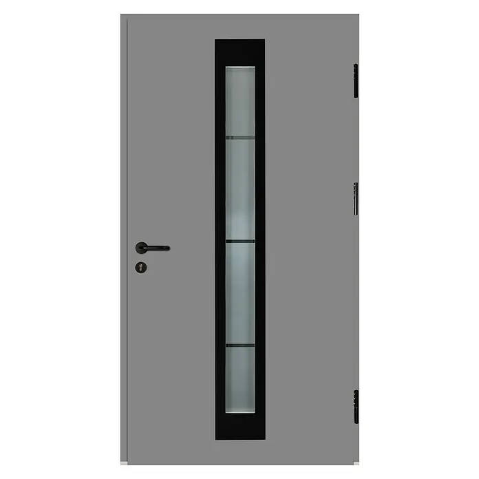 Splendoor Haustür Thermodoor PLUS SP45 Black Design - 100 x 210 cm, DIN Anschlag: Rechts, Verkehrsgrau/Tiefschwarz - Graue Tür mit einem schwarzen, vertikalen Glaseinsatz, einem modernen Griff und Schloss, ideal für stilvolle Hauseingänge.