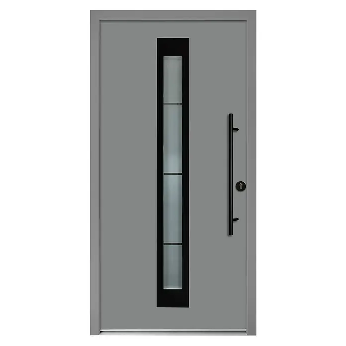 Splendoor Haustür Thermodoor PLUS SP45 Black Design - 100 x 210 cm, DIN Anschlag: Rechts, Verkehrsgrau/Tiefschwarz - Graue Tür mit vertikalem Fenster und schwarzem Griff, elegantes Design für moderne Häuser.