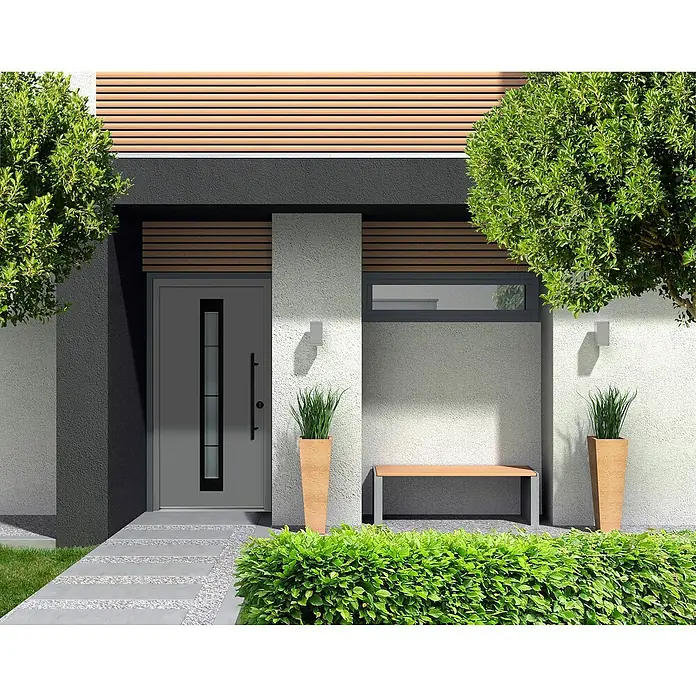 Splendoor Haustür Thermodoor PLUS SP45 Black Design - 100 x 210 cm, DIN Anschlag: Rechts, Verkehrsgrau/Tiefschwarz - Moderne Haustür in Grau mit senkrechtem Glaseinsatz, eingebettet in eine stilvolle Fassade mit Holzelementen und minimalistischem Design.