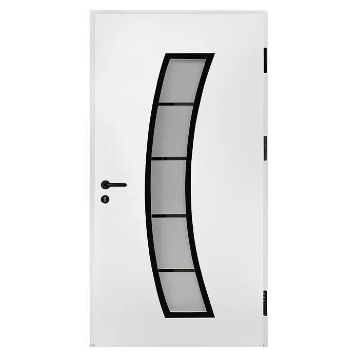Splendoor Haustür Thermodoor PLUS SP10 Black Design - 100 x 210 cm, DIN Anschlag: Rechts, Verkehrsweiß/Tiefschwarz - Eine moderne, weiße Tür mit einem geschwungenen, schwarzen Glaseinsatz, der in vier Segmente unterteilt ist. Der Türgriff ist schwarz.