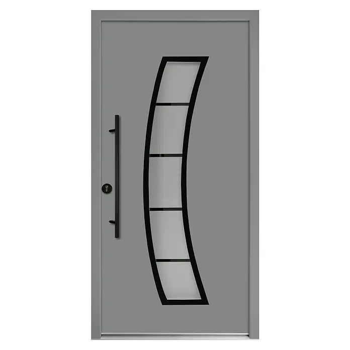 Splendoor Haustür Thermodoor PLUS SP10 Black Design - 100 x 210 cm, DIN Anschlag: Links, Verkehrsgrau/Tiefschwarz - Elegante graue Haustür mit gebogenem Glasdesign und schwarzem Griff. Diese Tür vereint moderne Ästhetik mit Funktionalität.